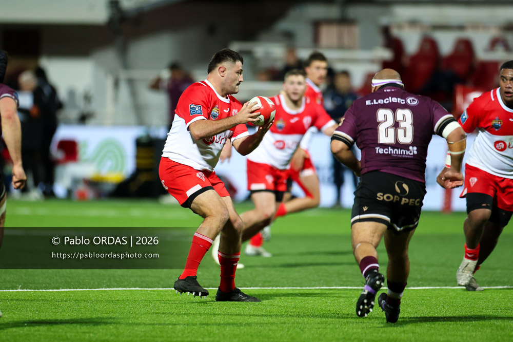 Hugo Pirlet, lors du match de Pro D2 entre le Biarritz olympique et Soyaux Angoulême, le 16 janvier 2026 au stade Aguiléra de Biarritz, France (Photo Pablo ORDAS)