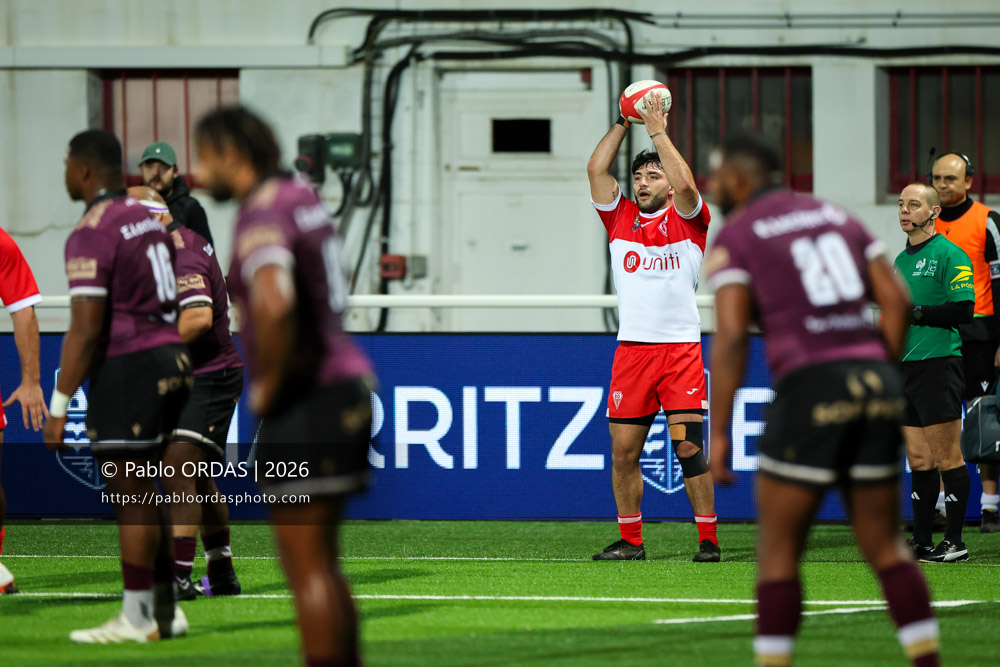 Adrien Sonzogni, lors du match de Pro D2 entre le Biarritz olympique et Soyaux Angoulême, le 16 janvier 2026 au stade Aguiléra de Biarritz, France (Photo Pablo ORDAS)