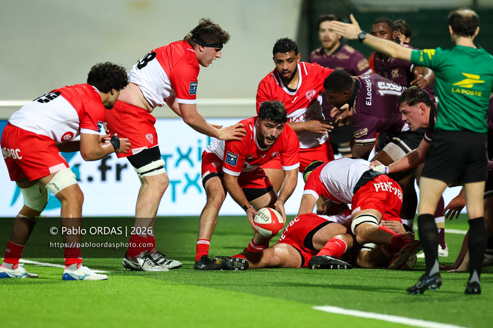 Adrien Sonzogni, lors du match de Pro D2 entre le Biarritz olympique et Soyaux Angoulême, le 16 janvier 2026 au stade Aguiléra de Biarritz, France (Photo Pablo ORDAS)