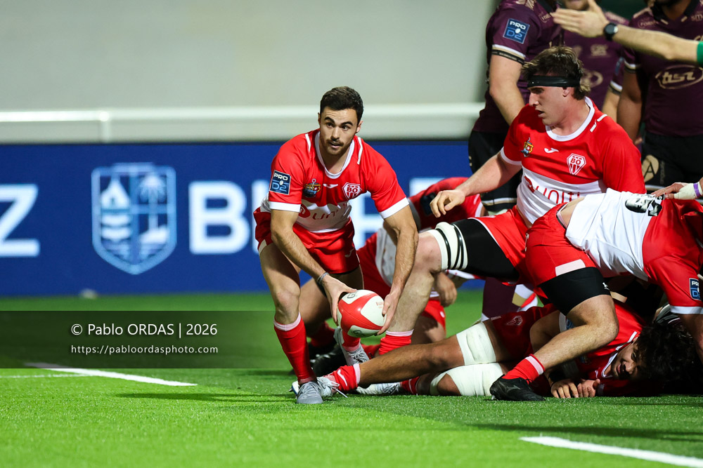 Imanol Biscay, lors du match de Pro D2 entre le Biarritz olympique et Soyaux Angoulême, le 16 janvier 2026 au stade Aguiléra de Biarritz, France (Photo Pablo ORDAS)