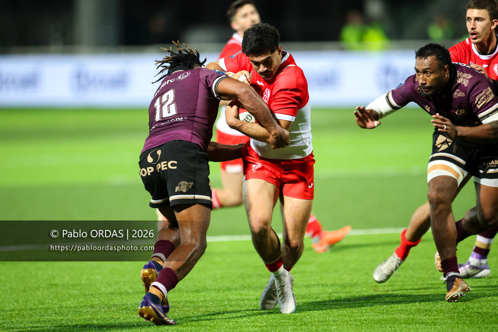 Sam Spring, lors du match de Pro D2 entre le Biarritz olympique et Soyaux Angoulême, le 16 janvier 2026 au stade Aguiléra de Biarritz, France (Photo Pablo ORDAS)