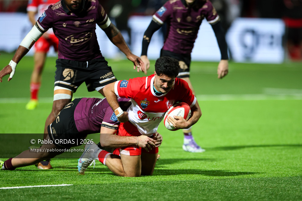 Sam Spring, lors du match de Pro D2 entre le Biarritz olympique et Soyaux Angoulême, le 16 janvier 2026 au stade Aguiléra de Biarritz, France (Photo Pablo ORDAS)