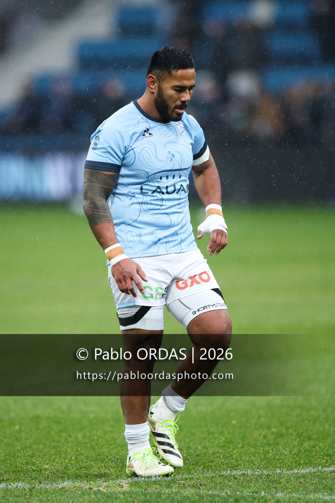 Manu Tuilagi, lors du match de Champions Cup entre l'Aviron bayonnais et le Leinster, le 17 janvier 2026 au stade Jean Dauger de Bayonne, France (Photo Pablo ORDAS)