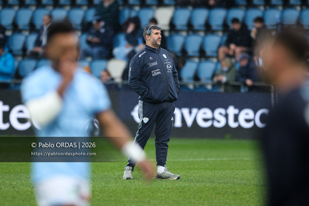 Grégory Patat, lors du match de Champions Cup entre l'Aviron bayonnais et le Leinster, le 17 janvier 2026 au stade Jean Dauger de Bayonne, France (Photo Pablo ORDAS)
