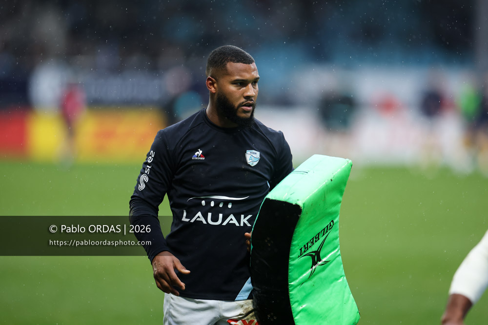 Cheikh Tiberghien, lors du match de Champions Cup entre l'Aviron bayonnais et le Leinster, le 17 janvier 2026 au stade Jean Dauger de Bayonne, France (Photo Pablo ORDAS)