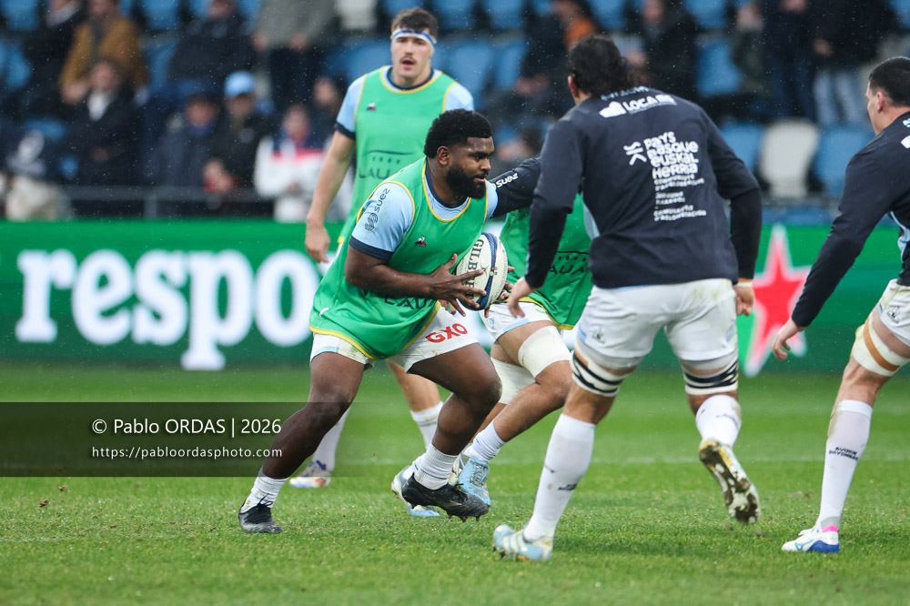 Emosi Tumania, lors du match de Champions Cup entre l'Aviron bayonnais et le Leinster, le 17 janvier 2026 au stade Jean Dauger de Bayonne, France (Photo Pablo ORDAS)