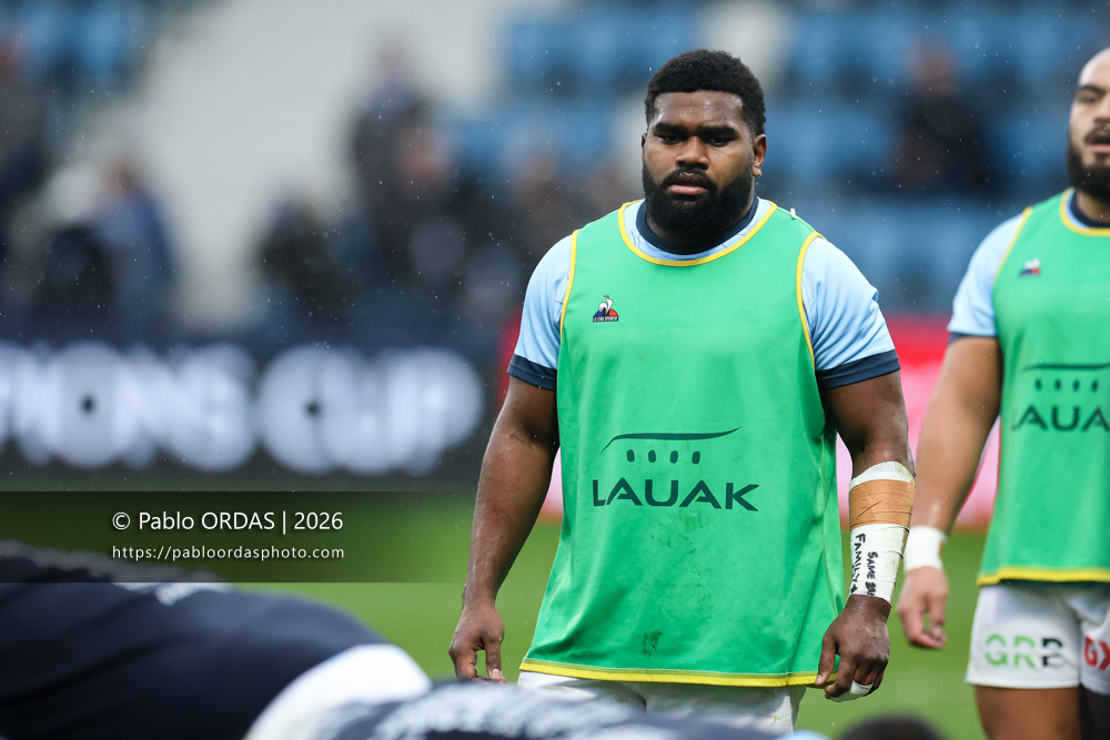 Emosi Tumania, lors du match de Champions Cup entre l'Aviron bayonnais et le Leinster, le 17 janvier 2026 au stade Jean Dauger de Bayonne, France (Photo Pablo ORDAS)