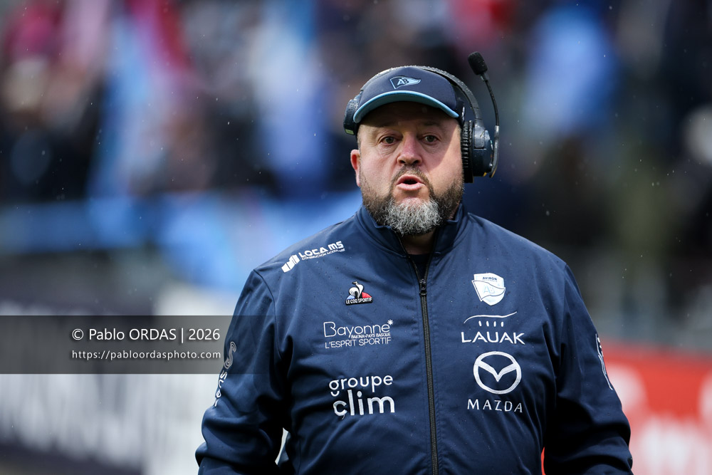 Stéphane Barberena, lors du match de Champions Cup entre l'Aviron bayonnais et le Leinster, le 17 janvier 2026 au stade Jean Dauger de Bayonne, France (Photo Pablo ORDAS)