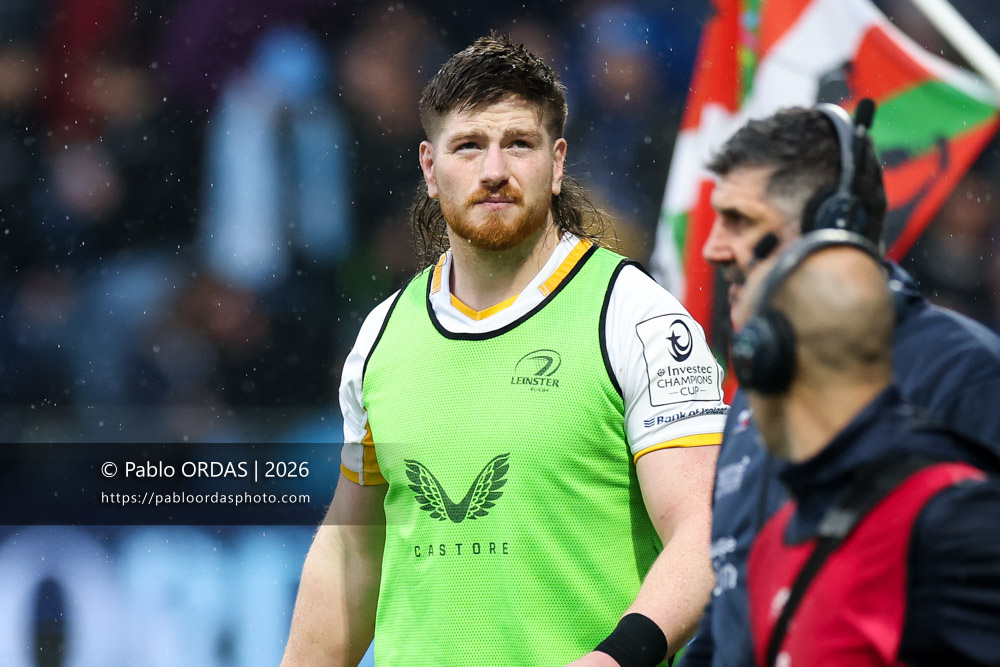 Joe McCarthy, lors du match de Champions Cup entre l'Aviron bayonnais et le Leinster, le 17 janvier 2026 au stade Jean Dauger de Bayonne, France (Photo Pablo ORDAS)