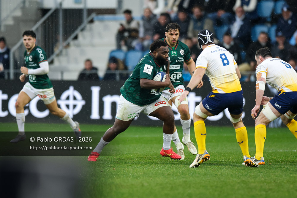 Luke Tagi, lors du match de Champions Cup entre l'Aviron bayonnais et le Leinster, le 17 janvier 2026 au stade Jean Dauger de Bayonne, France (Photo Pablo ORDAS)