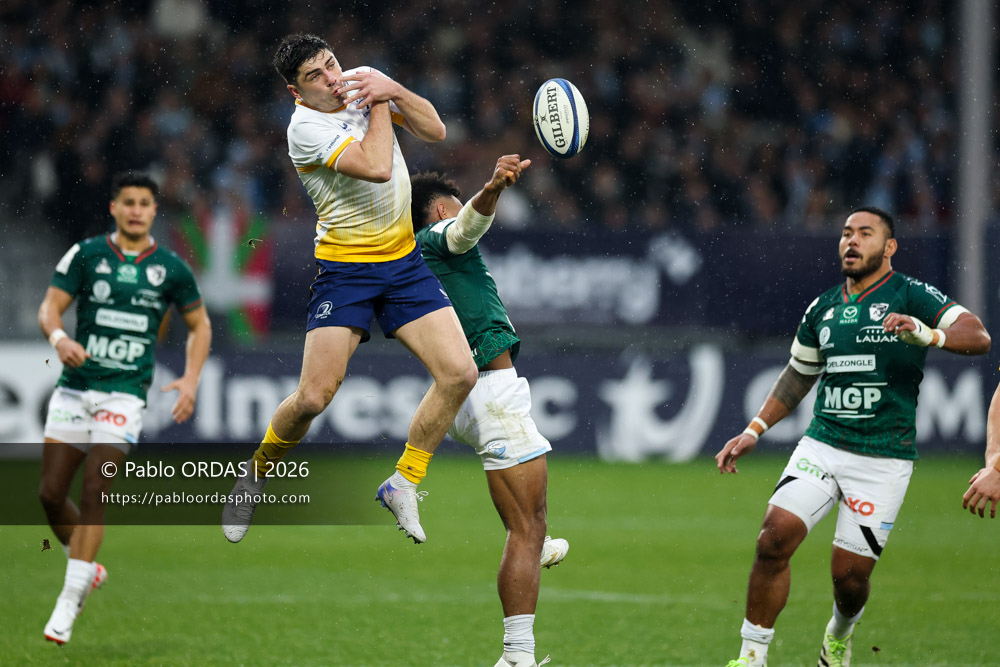 Jimmy O'Brien, lors du match de Champions Cup entre l'Aviron bayonnais et le Leinster, le 17 janvier 2026 au stade Jean Dauger de Bayonne, France (Photo Pablo ORDAS)