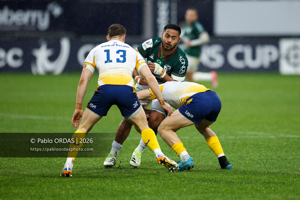 Manu Tuilagi, lors du match de Champions Cup entre l'Aviron bayonnais et le Leinster, le 17 janvier 2026 au stade Jean Dauger de Bayonne, France (Photo Pablo ORDAS)