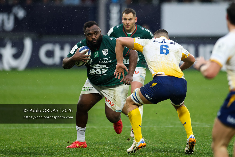 Luke Tagi, lors du match de Champions Cup entre l'Aviron bayonnais et le Leinster, le 17 janvier 2026 au stade Jean Dauger de Bayonne, France (Photo Pablo ORDAS)