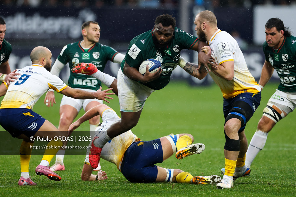 Luke Tagi, lors du match de Champions Cup entre l'Aviron bayonnais et le Leinster, le 17 janvier 2026 au stade Jean Dauger de Bayonne, France (Photo Pablo ORDAS)