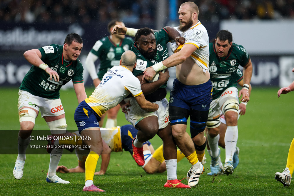Luke Tagi, lors du match de Champions Cup entre l'Aviron bayonnais et le Leinster, le 17 janvier 2026 au stade Jean Dauger de Bayonne, France (Photo Pablo ORDAS)