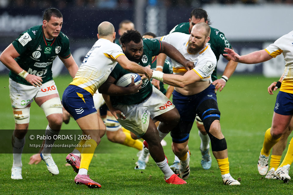 Luke Tagi, lors du match de Champions Cup entre l'Aviron bayonnais et le Leinster, le 17 janvier 2026 au stade Jean Dauger de Bayonne, France (Photo Pablo ORDAS)