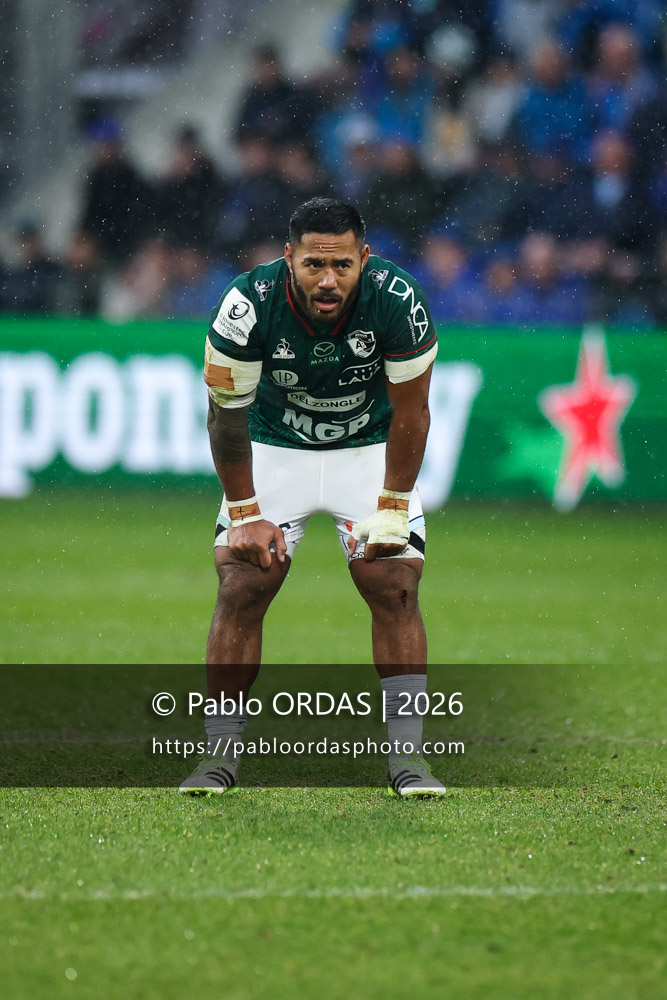 Manu Tuilagi, lors du match de Champions Cup entre l'Aviron bayonnais et le Leinster, le 17 janvier 2026 au stade Jean Dauger de Bayonne, France (Photo Pablo ORDAS)
