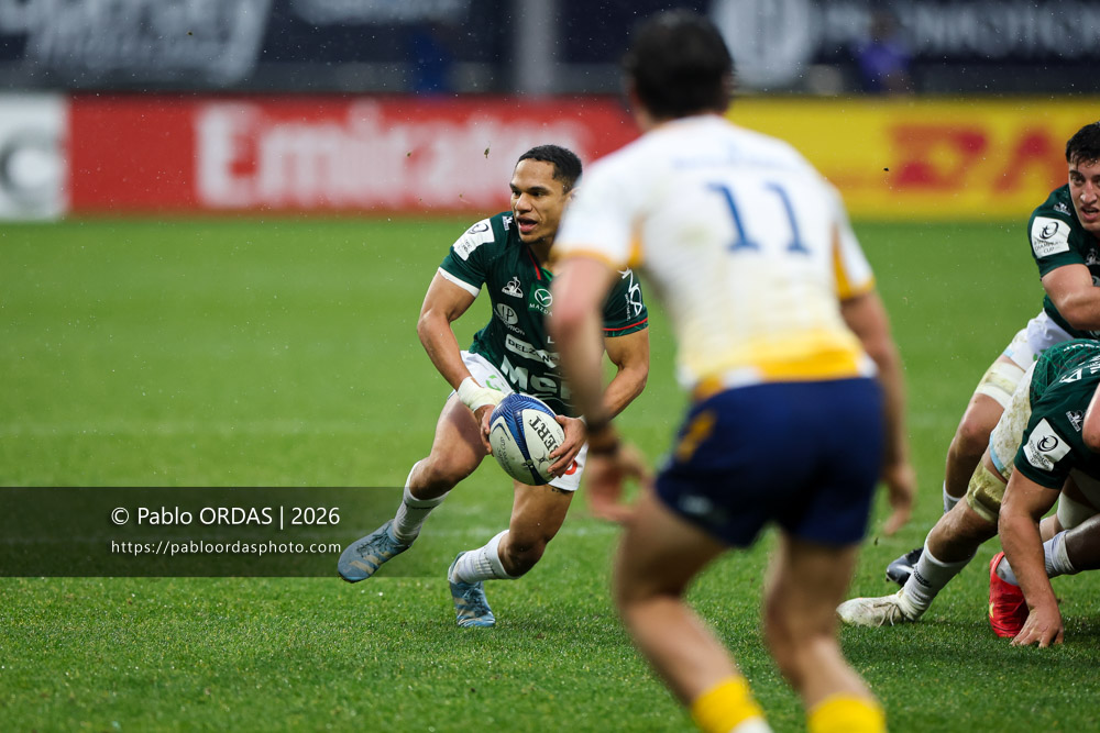 Herschel Jantjies, lors du match de Champions Cup entre l'Aviron bayonnais et le Leinster, le 17 janvier 2026 au stade Jean Dauger de Bayonne, France (Photo Pablo ORDAS)
