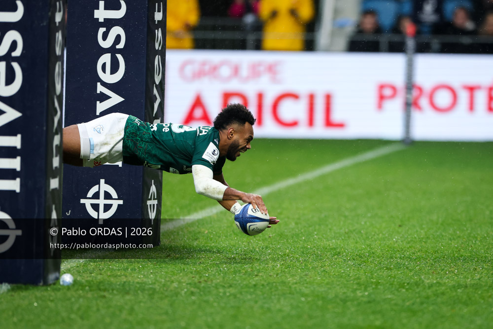 Sireli Maqala, lors du match de Champions Cup entre l'Aviron bayonnais et le Leinster, le 17 janvier 2026 au stade Jean Dauger de Bayonne, France (Photo Pablo ORDAS)