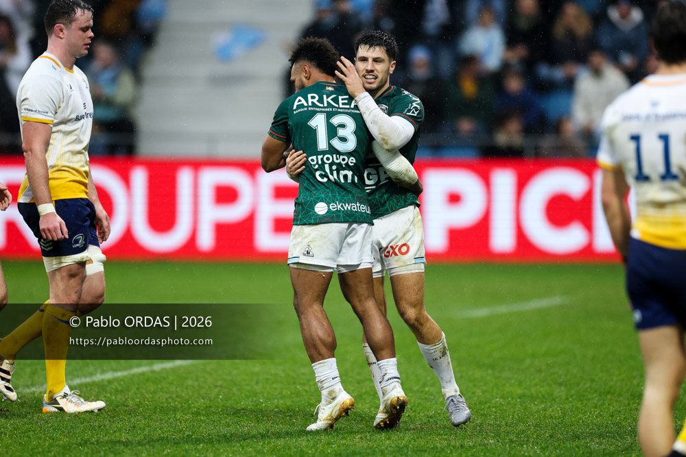 Yohan Orabé, Sireli Maqala, lors du match de Champions Cup entre l'Aviron bayonnais et le Leinster, le 17 janvier 2026 au stade Jean Dauger de Bayonne, France (Photo Pablo ORDAS)