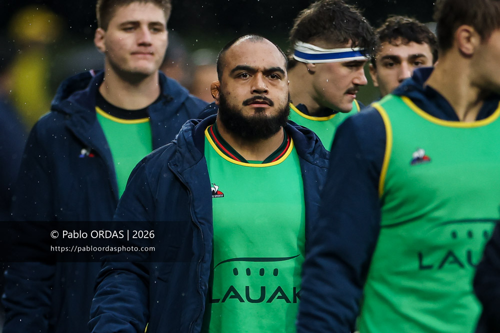 Emerick Setiano, lors du match de Champions Cup entre l'Aviron bayonnais et le Leinster, le 17 janvier 2026 au stade Jean Dauger de Bayonne, France (Photo Pablo ORDAS)