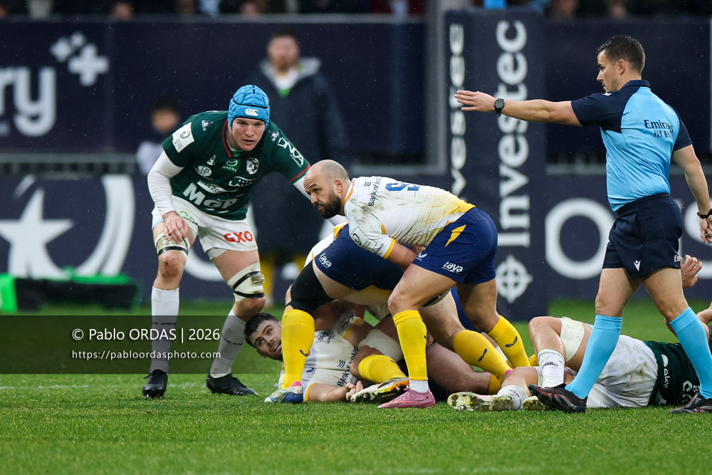 Jamison Gibson-Park, lors du match de Champions Cup entre l'Aviron bayonnais et le Leinster, le 17 janvier 2026 au stade Jean Dauger de Bayonne, France (Photo Pablo ORDAS)