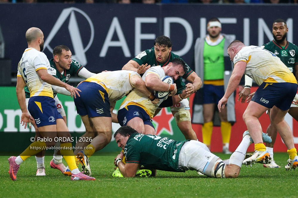 Ronan Kelleher, lors du match de Champions Cup entre l'Aviron bayonnais et le Leinster, le 17 janvier 2026 au stade Jean Dauger de Bayonne, France (Photo Pablo ORDAS)