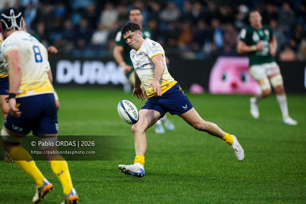 Jimmy O'Brien, lors du match de Champions Cup entre l'Aviron bayonnais et le Leinster, le 17 janvier 2026 au stade Jean Dauger de Bayonne, France (Photo Pablo ORDAS)