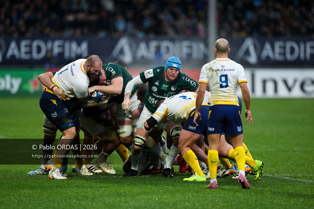 Arthur Iturria, lors du match de Champions Cup entre l'Aviron bayonnais et le Leinster, le 17 janvier 2026 au stade Jean Dauger de Bayonne, France (Photo Pablo ORDAS)
