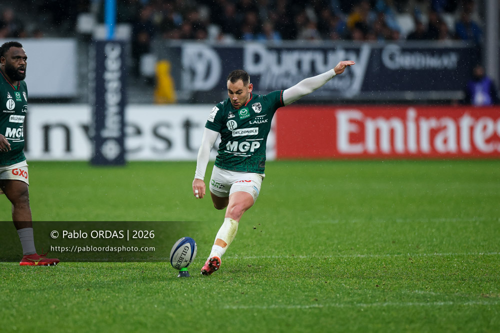 Joris Segonds, lors du match de Champions Cup entre l'Aviron bayonnais et le Leinster, le 17 janvier 2026 au stade Jean Dauger de Bayonne, France (Photo Pablo ORDAS)