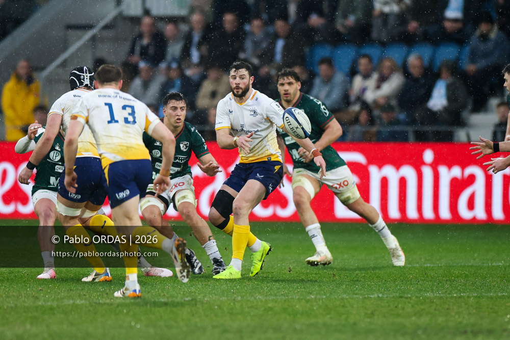 Robbie Henshaw, lors du match de Champions Cup entre l'Aviron bayonnais et le Leinster, le 17 janvier 2026 au stade Jean Dauger de Bayonne, France (Photo Pablo ORDAS)