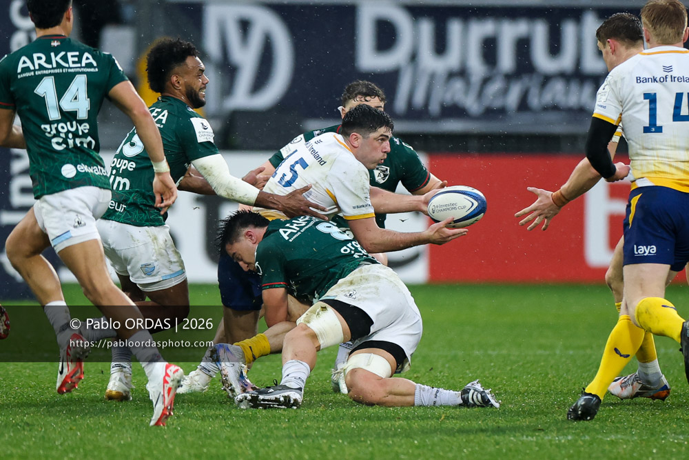 Jimmy O'Brien, lors du match de Champions Cup entre l'Aviron bayonnais et le Leinster, le 17 janvier 2026 au stade Jean Dauger de Bayonne, France (Photo Pablo ORDAS)
