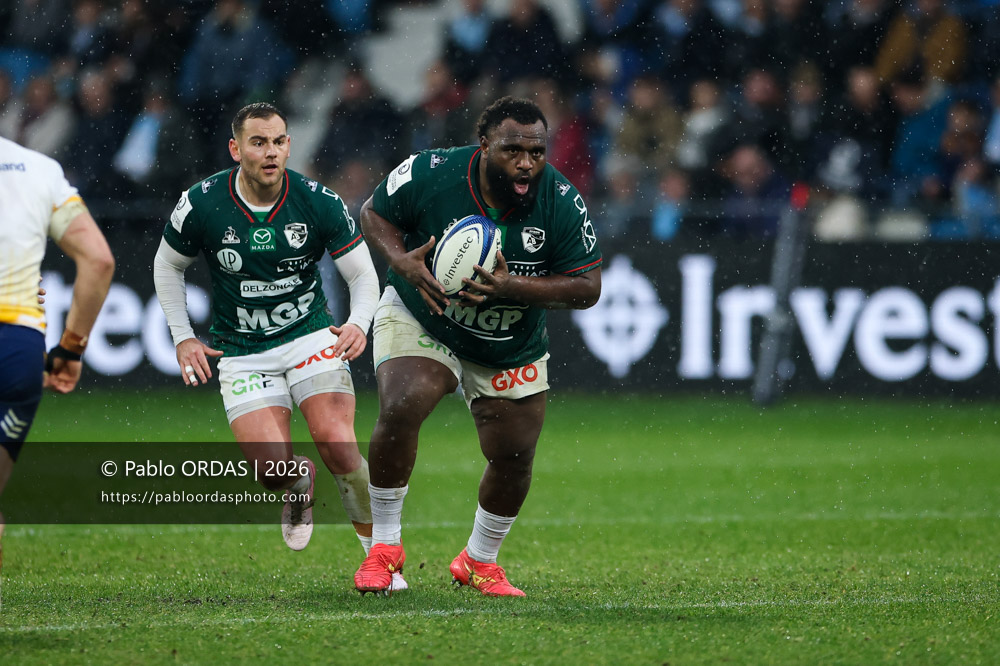 Luke Tagi, lors du match de Champions Cup entre l'Aviron bayonnais et le Leinster, le 17 janvier 2026 au stade Jean Dauger de Bayonne, France (Photo Pablo ORDAS)