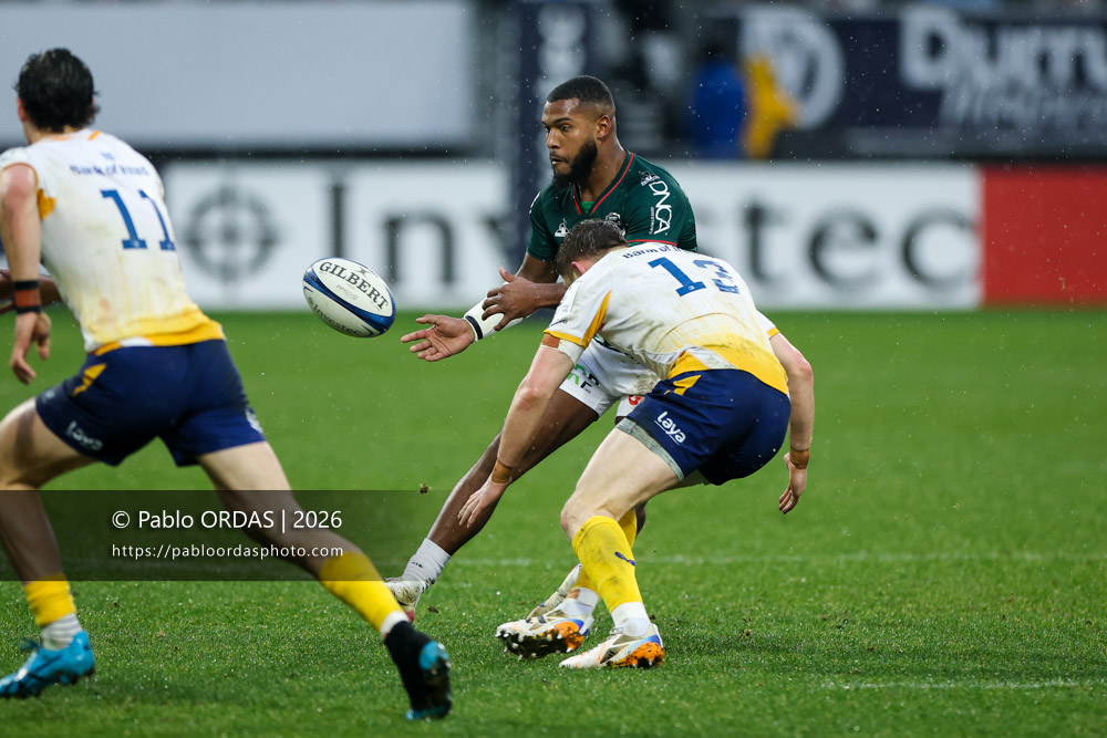 Cheikh Tiberghien, lors du match de Champions Cup entre l'Aviron bayonnais et le Leinster, le 17 janvier 2026 au stade Jean Dauger de Bayonne, France (Photo Pablo ORDAS)