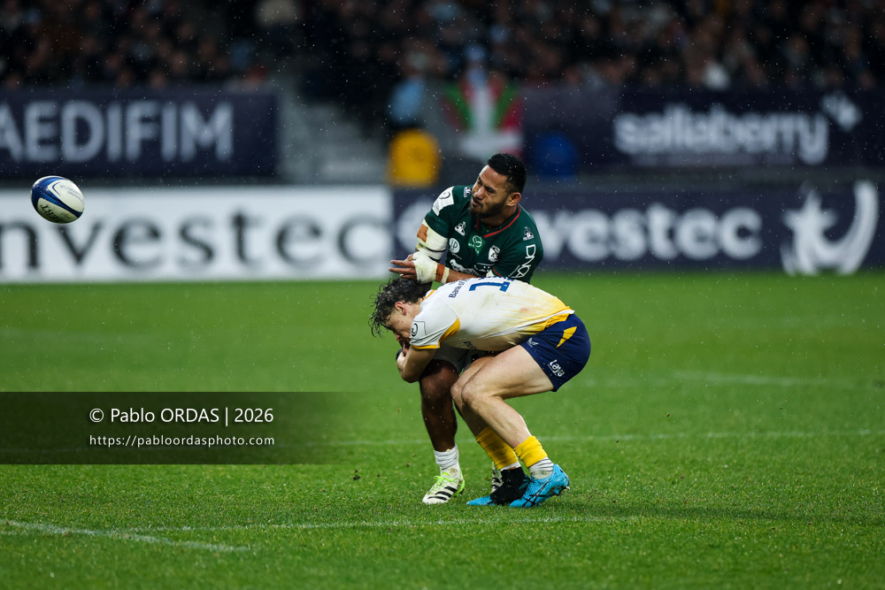 Manu Tuilagi, lors du match de Champions Cup entre l'Aviron bayonnais et le Leinster, le 17 janvier 2026 au stade Jean Dauger de Bayonne, France (Photo Pablo ORDAS)