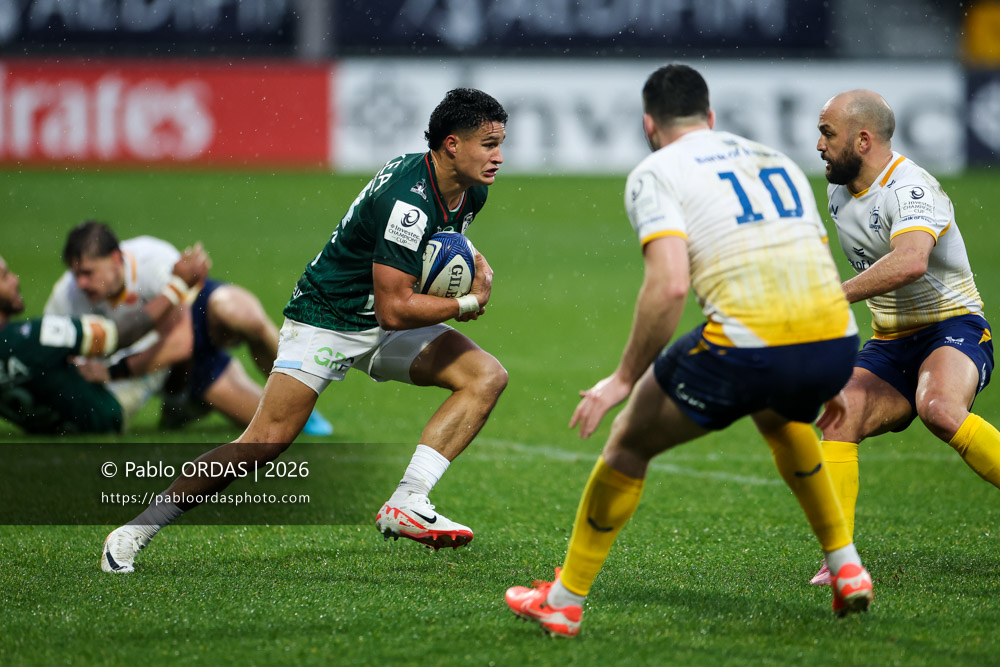 Tom Spring, lors du match de Champions Cup entre l'Aviron bayonnais et le Leinster, le 17 janvier 2026 au stade Jean Dauger de Bayonne, France (Photo Pablo ORDAS)