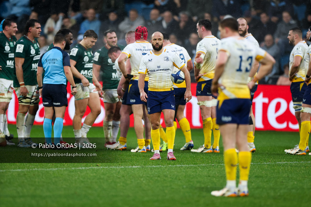 Jamison Gibson-Park, lors du match de Champions Cup entre l'Aviron bayonnais et le Leinster, le 17 janvier 2026 au stade Jean Dauger de Bayonne, France (Photo Pablo ORDAS)