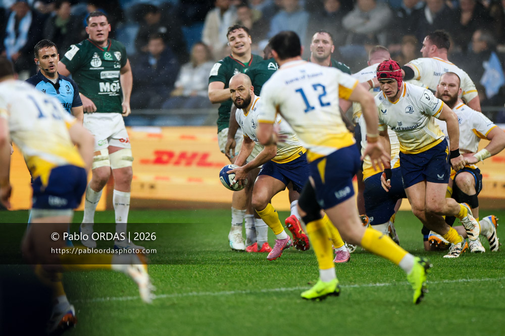 Jamison Gibson-Park, lors du match de Champions Cup entre l'Aviron bayonnais et le Leinster, le 17 janvier 2026 au stade Jean Dauger de Bayonne, France (Photo Pablo ORDAS)