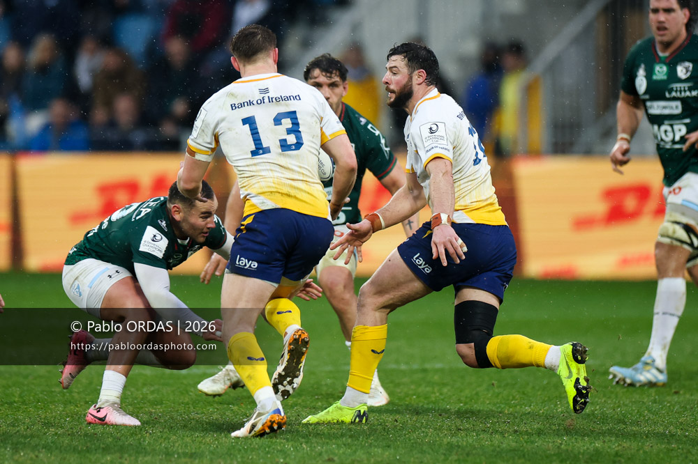 Robbie Henshaw, lors du match de Champions Cup entre l'Aviron bayonnais et le Leinster, le 17 janvier 2026 au stade Jean Dauger de Bayonne, France (Photo Pablo ORDAS)