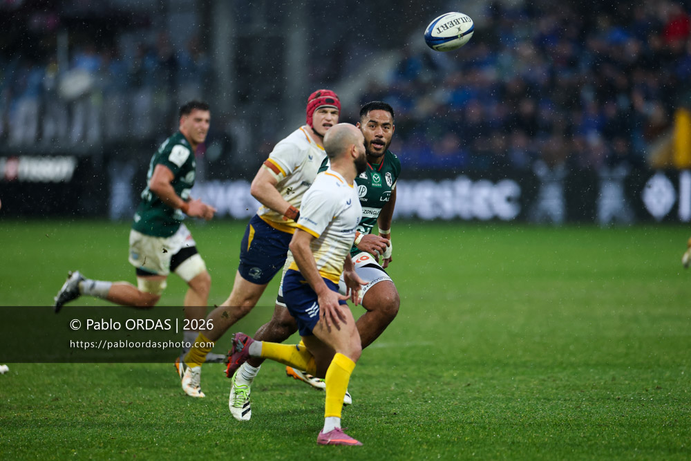 Manu Tuilagi, lors du match de Champions Cup entre l'Aviron bayonnais et le Leinster, le 17 janvier 2026 au stade Jean Dauger de Bayonne, France (Photo Pablo ORDAS)