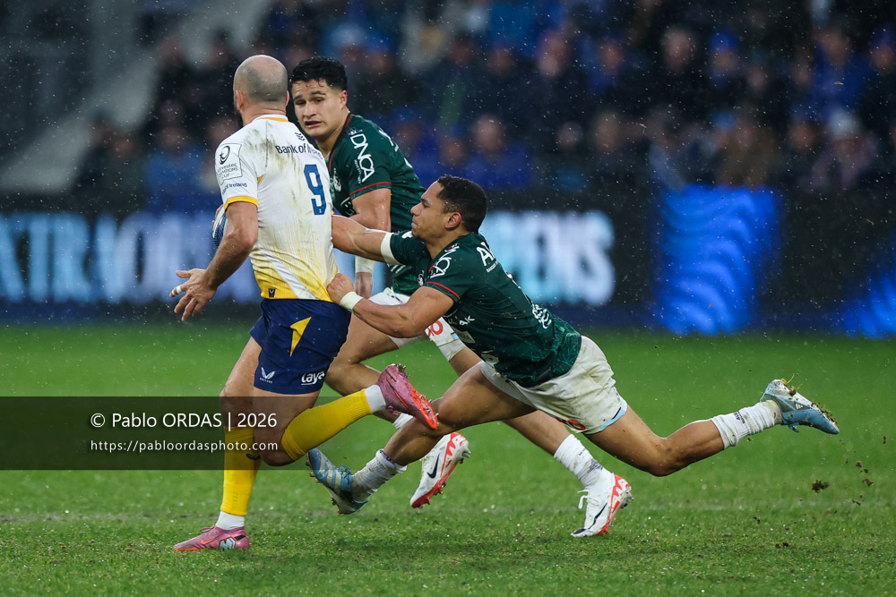 Herschel Jantjies, lors du match de Champions Cup entre l'Aviron bayonnais et le Leinster, le 17 janvier 2026 au stade Jean Dauger de Bayonne, France (Photo Pablo ORDAS)