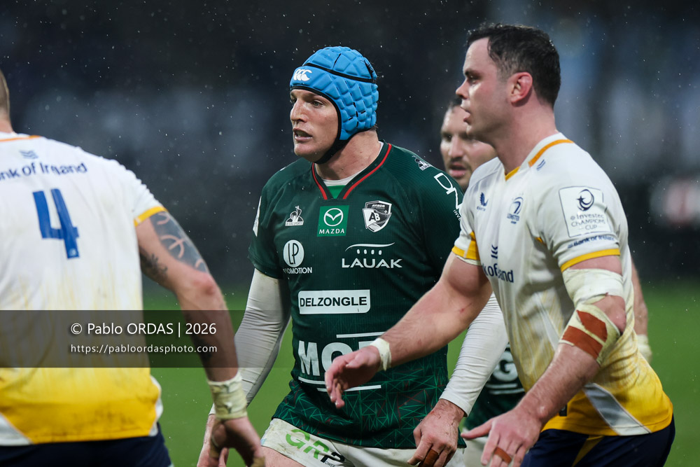 Arthur Iturria, lors du match de Champions Cup entre l'Aviron bayonnais et le Leinster, le 17 janvier 2026 au stade Jean Dauger de Bayonne, France (Photo Pablo ORDAS)