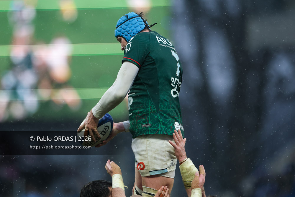 Arthur Iturria, lors du match de Champions Cup entre l'Aviron bayonnais et le Leinster, le 17 janvier 2026 au stade Jean Dauger de Bayonne, France (Photo Pablo ORDAS)