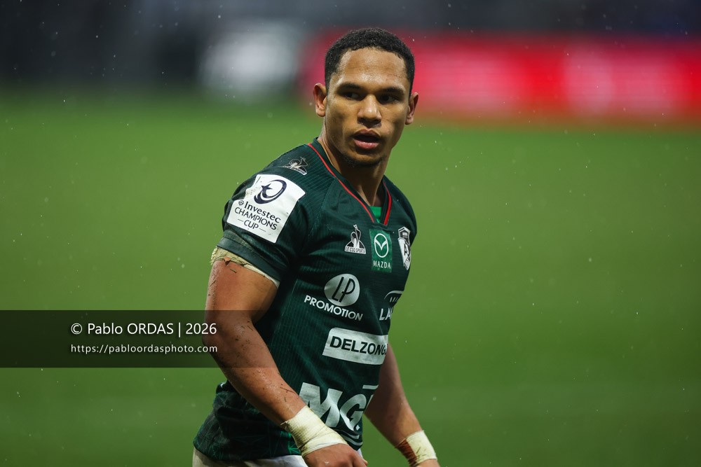 Herschel Jantjies, lors du match de Champions Cup entre l'Aviron bayonnais et le Leinster, le 17 janvier 2026 au stade Jean Dauger de Bayonne, France (Photo Pablo ORDAS)