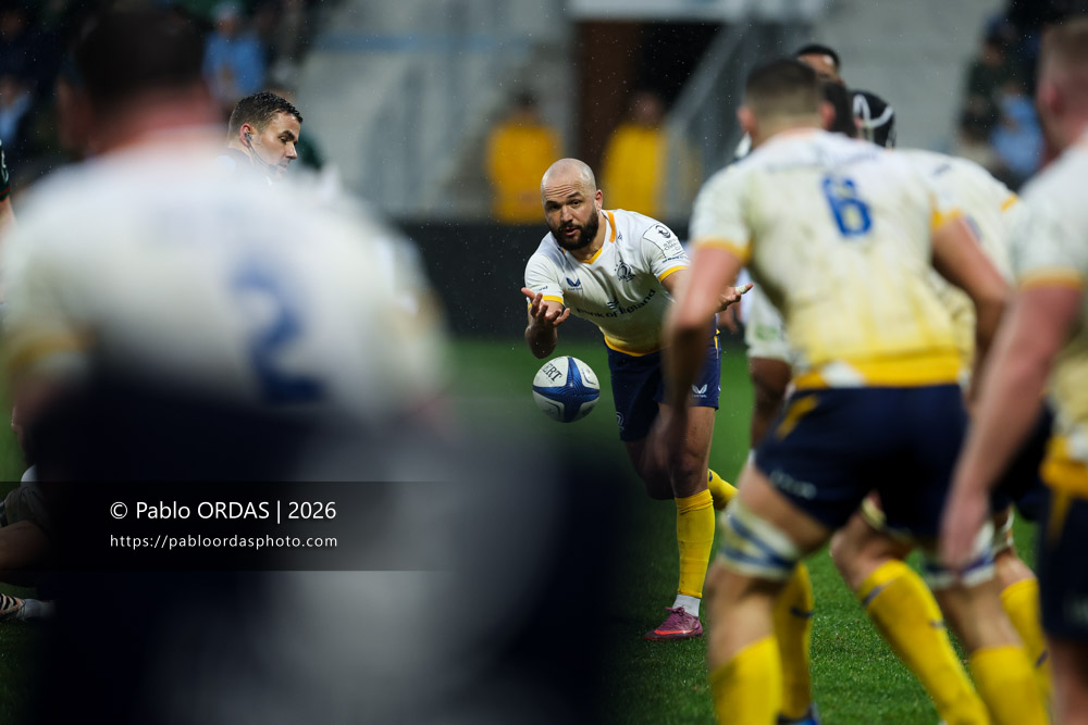 Jamison Gibson-Park, lors du match de Champions Cup entre l'Aviron bayonnais et le Leinster, le 17 janvier 2026 au stade Jean Dauger de Bayonne, France (Photo Pablo ORDAS)