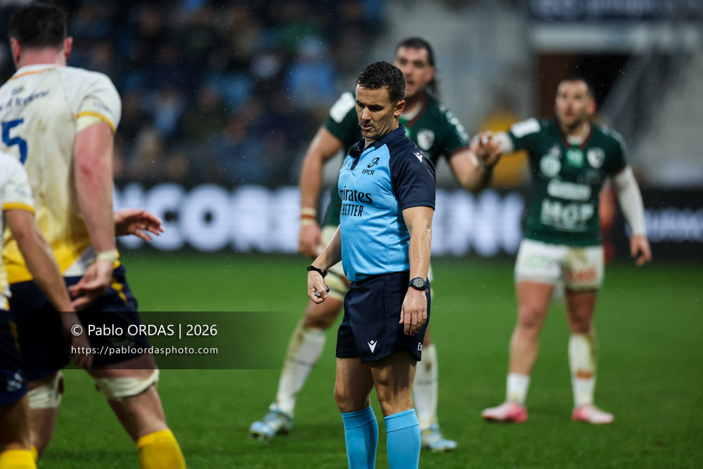 Luke Pearce, lors du match de Champions Cup entre l'Aviron bayonnais et le Leinster, le 17 janvier 2026 au stade Jean Dauger de Bayonne, France (Photo Pablo ORDAS)