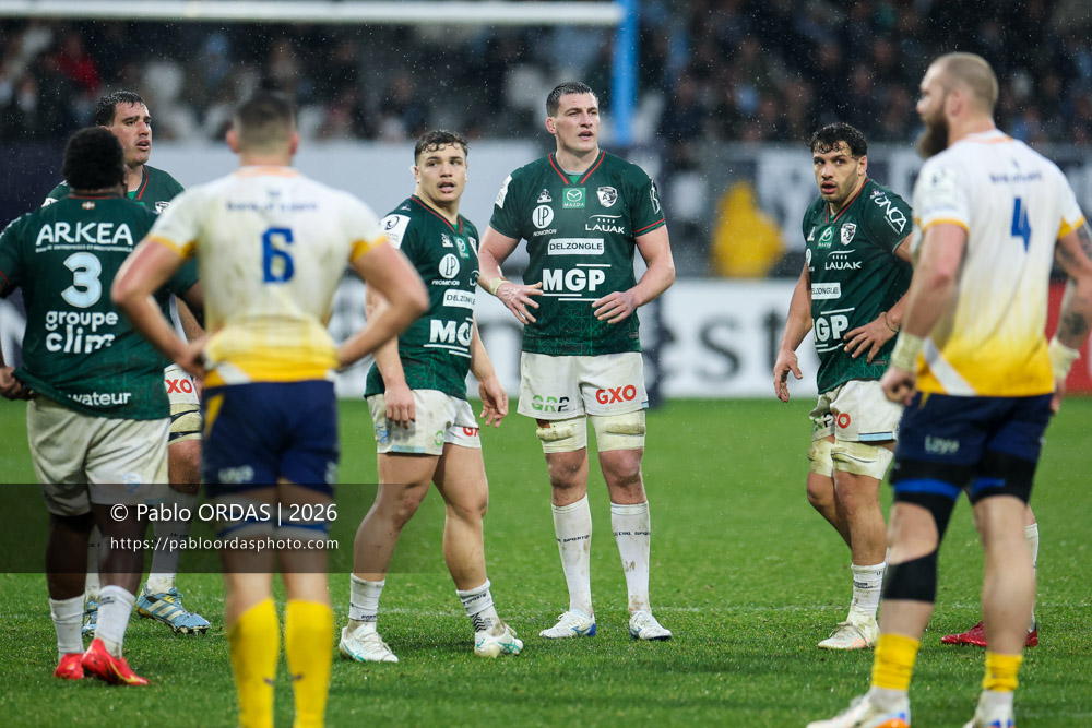 Ewan Johnson, lors du match de Champions Cup entre l'Aviron bayonnais et le Leinster, le 17 janvier 2026 au stade Jean Dauger de Bayonne, France (Photo Pablo ORDAS)