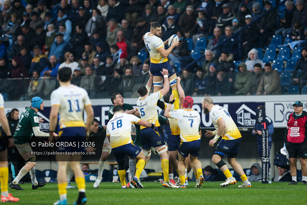Max Deegan, lors du match de Champions Cup entre l'Aviron bayonnais et le Leinster, le 17 janvier 2026 au stade Jean Dauger de Bayonne, France (Photo Pablo ORDAS)