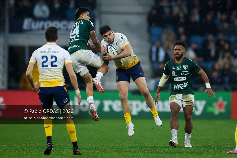 Jimmy O'Brien, lors du match de Champions Cup entre l'Aviron bayonnais et le Leinster, le 17 janvier 2026 au stade Jean Dauger de Bayonne, France (Photo Pablo ORDAS)