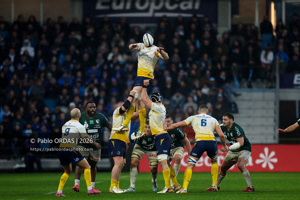 Max Deegan, lors du match de Champions Cup entre l'Aviron bayonnais et le Leinster, le 17 janvier 2026 au stade Jean Dauger de Bayonne, France (Photo Pablo ORDAS)